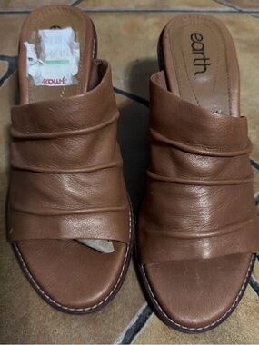 Earth Brown Ruched Leather Slip-On Mule Sandals